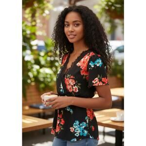 ASOS Floral Surplice Top Womens Size 8 Black Pink Blue Lace Trim Peplum Blouse